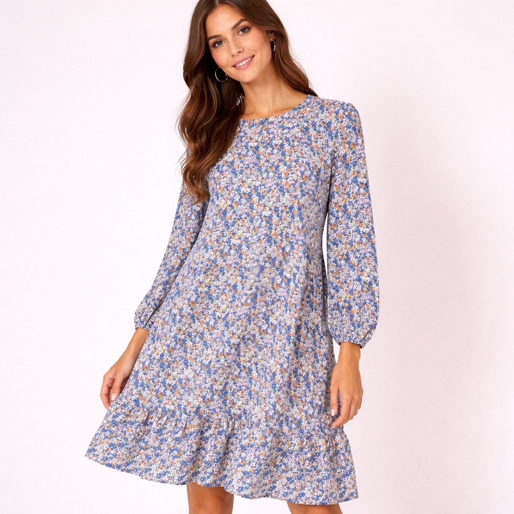 Cottagecore Blue Floral Shift Dress Ruffle Hem Long Sleeve Size‎ XL Boho
